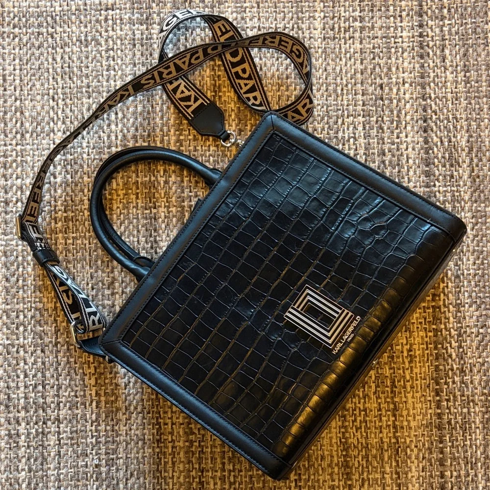 Karl Lagerfeld Black Leather Simone Alligator-Embossed Top Handle Bag